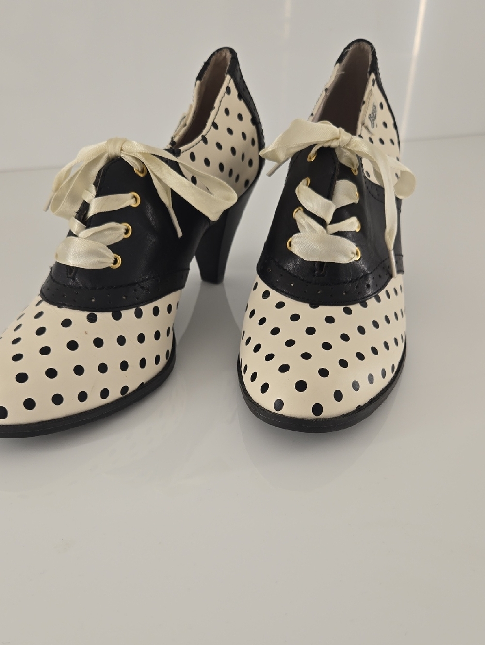 Bass Black and Cream Polka Dot Lace-Up Heels